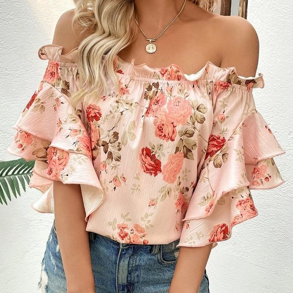 Floral Print Off Shoulder Ruffle Trim Flounce Sleeve Blouse - Picture 2 of 5